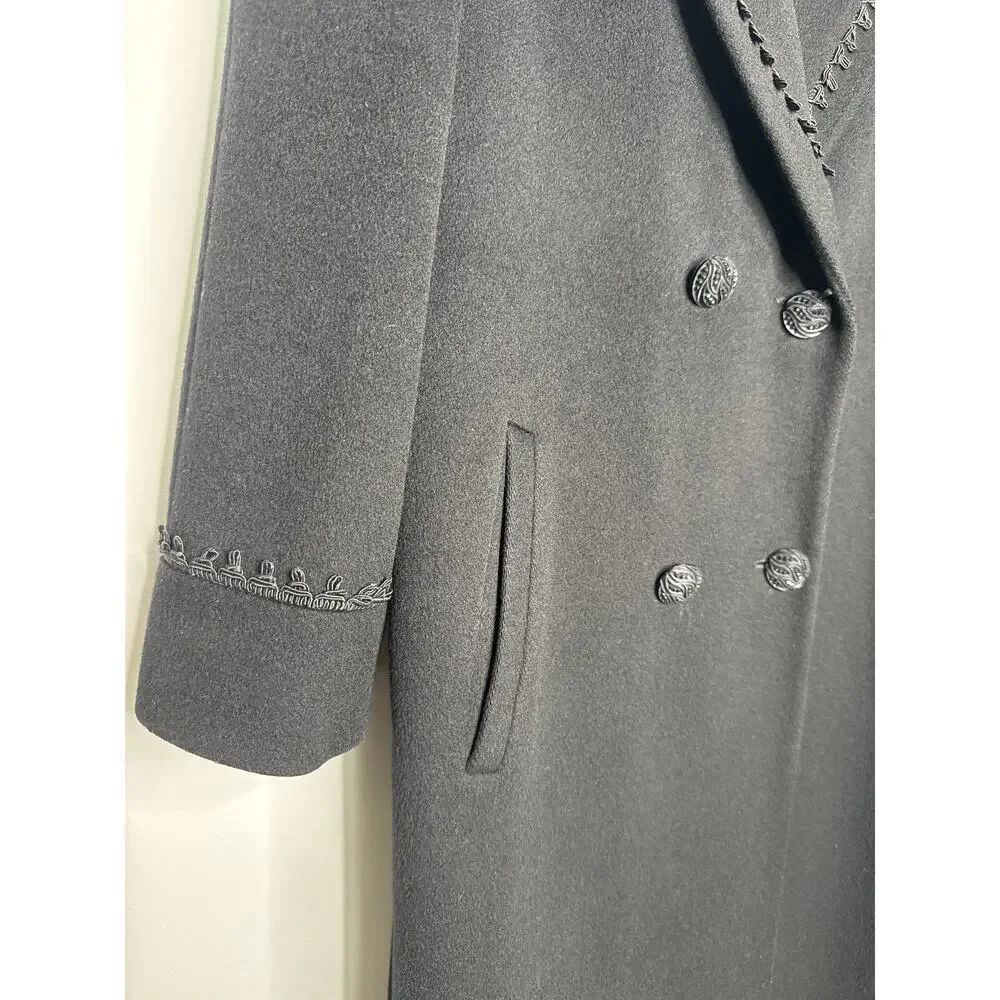VTG Alorna Black Wool Coat Forstmann Trimmed Shawl Collar double breasted USA M